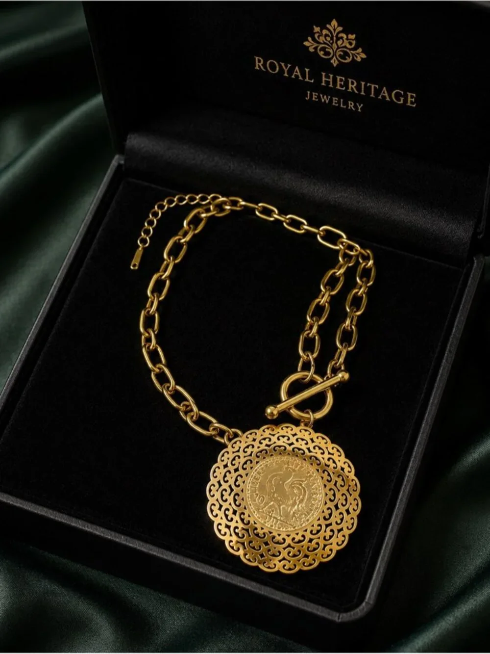 Gold tone Rooster carved Medallion Necklace